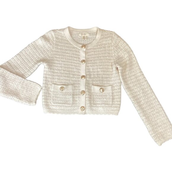 Jessica Simpson Cream & Gold Cropped Lady Cardigan Sz M #325C - Picture 1 of 10